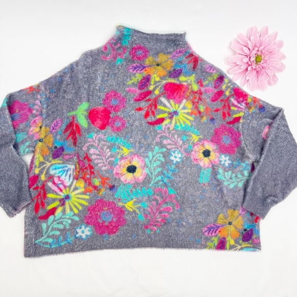 Natural Life Cashmere-Like Mock Neck Sweater: Charcoal Pink Poppy Floral Boho - Picture 4 of 11